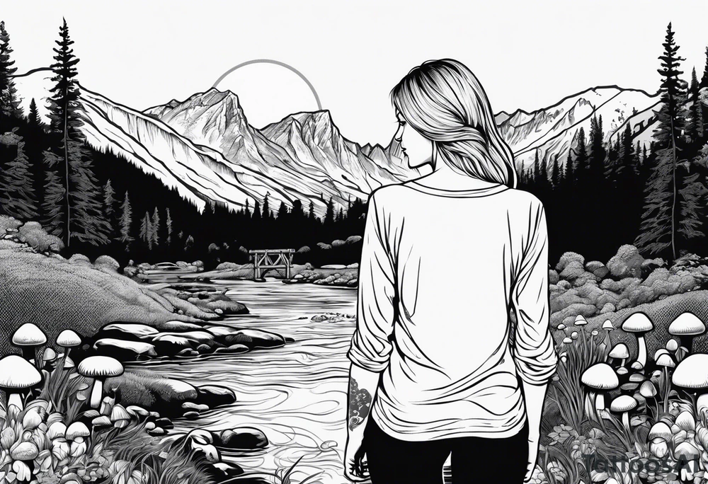Whole picture encircled fully

Straight long blonde hair hippie girl in distance holding mushrooms in hand facing away toward mountains and creek surrounded by mushrooms long sleeve shirt and hiking pants; whole rendering within a full circle, no cut off circle tattoo idea