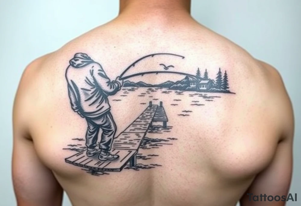 Fisherman on a pier surrounded by nature, colorful tattoo idea Fisherman on a pier surrounded by nature, colorful tattoo idea
