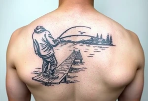 Fisherman on a pier surrounded by nature, colorful tattoo idea