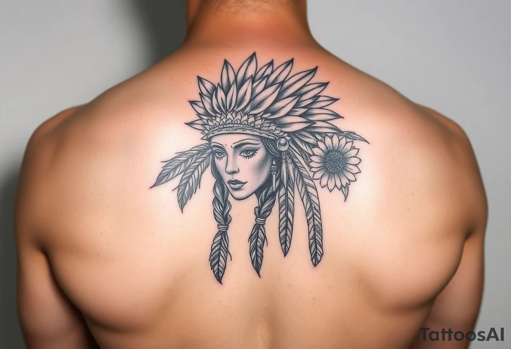 Native american medusa with blank eyes as well as feathers and sunflowers in her hair tattoo idea