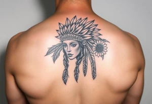 Native american medusa with blank eyes as well as feathers and sunflowers in her hair tattoo idea