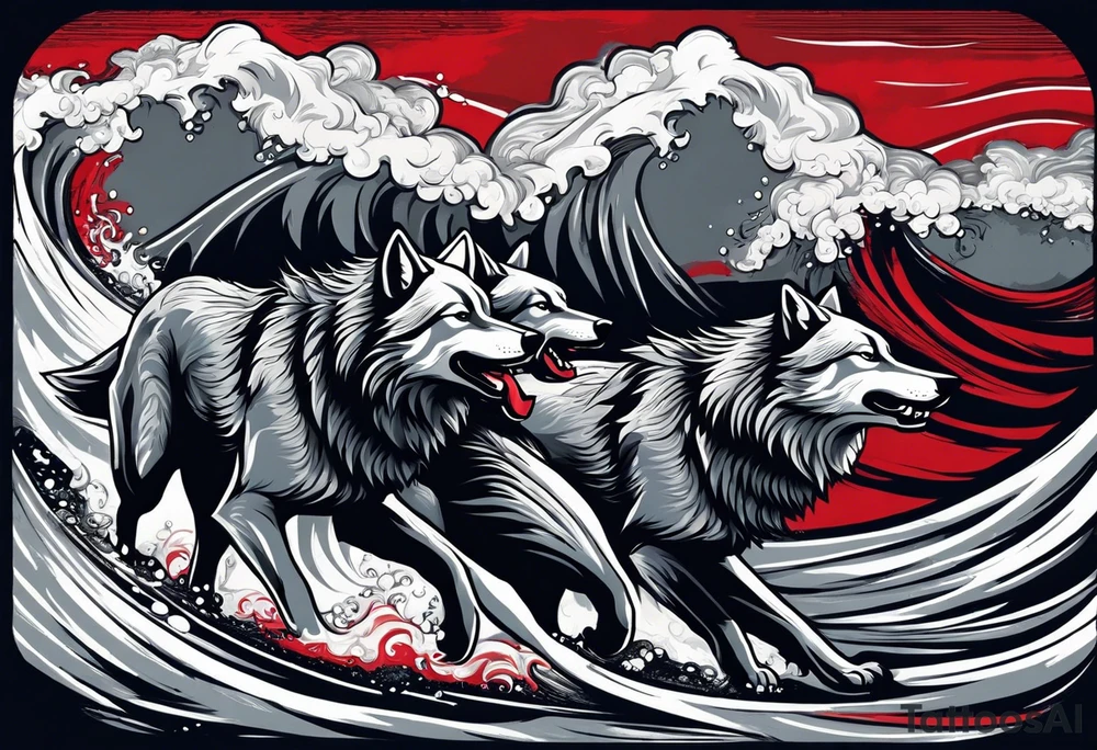 a pack of 3 howling muscular  gray wolves surfing waves with a linear background with red, white and black and gray including the word Howler in an aggressive script font tattoo idea