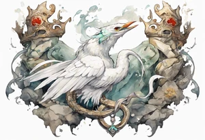a white bird-serpent hybrid, wearing a iron crown, perched on a stone tattoo idea