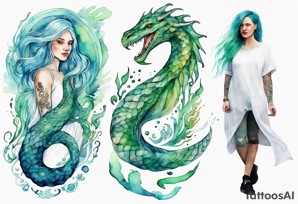 a watercolor sea serpent next to a women with blue-green hair wearing a white tunic tattoo idea