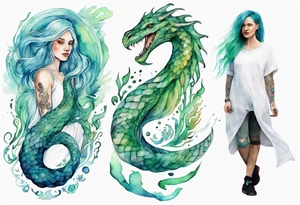 a watercolor sea serpent next to a women with blue-green hair wearing a white tunic tattoo idea