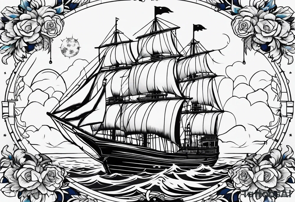 bateau, phare maritime, phoenix, rose des vents et lune bleu. tattoo idea