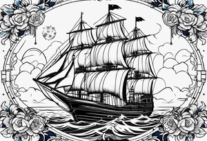 bateau, phare maritime, phoenix, rose des vents et lune bleu. tattoo idea