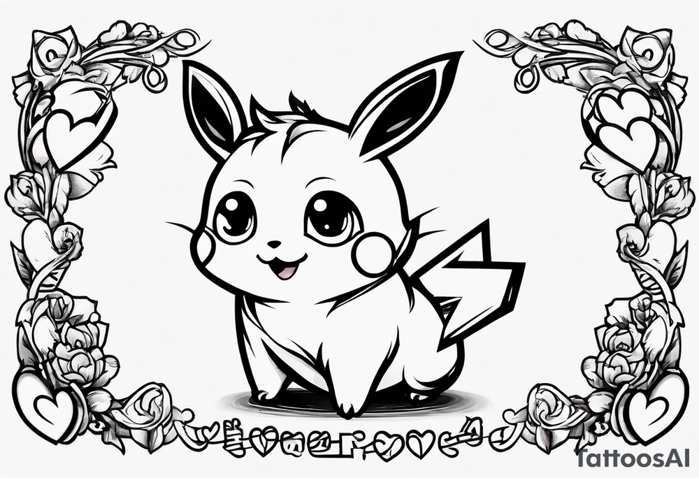 Pickachu squeezing a heart with heartbeart and music notes tattoo idea