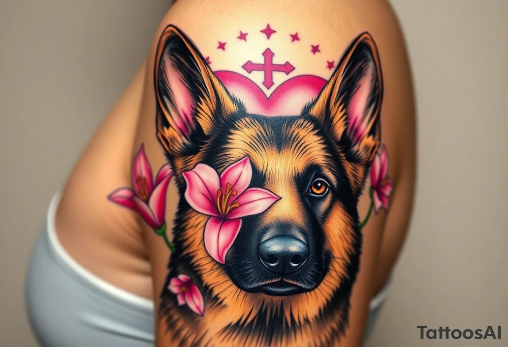 realistic german shepherd with alert ears looking protective with pink lilies in front of a sacred heart tattoo idea