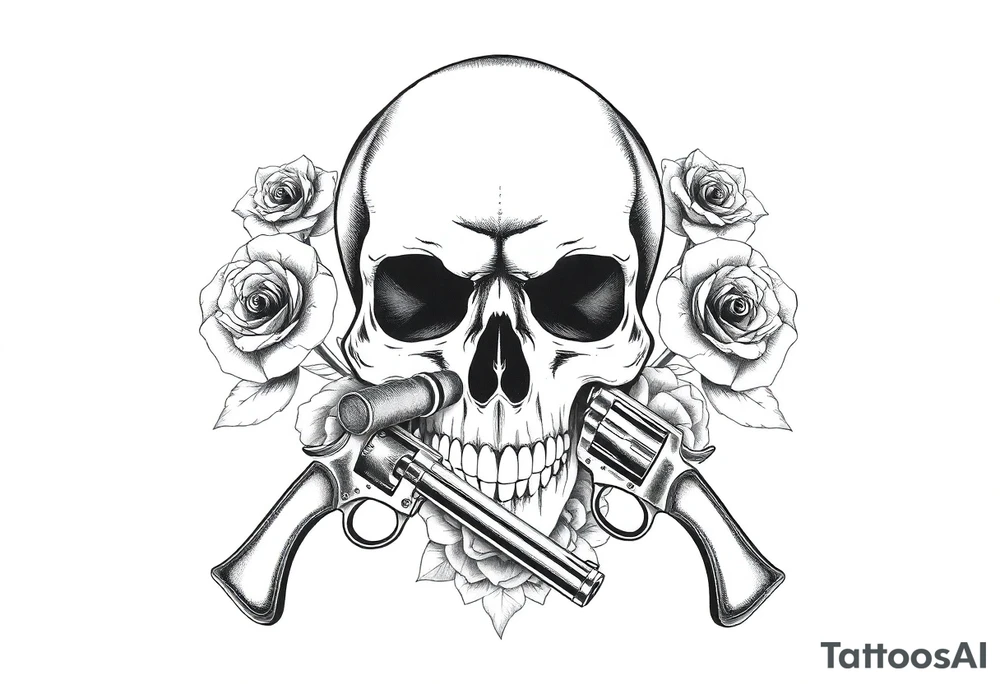 Skull with a large cigar, crossed revolvers, and blooming roses. tattoo idea