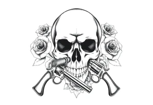 Skull with a large cigar, crossed revolvers, and blooming roses. tattoo idea
