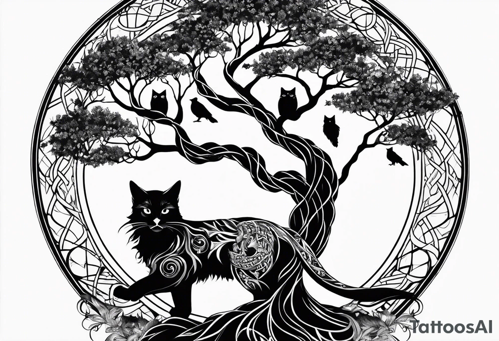 world tree with a cat and a raven and knotwork upper arm tattoo tattoo idea world tree with a cat and a raven and knotwork upper arm tattoo tattoo idea