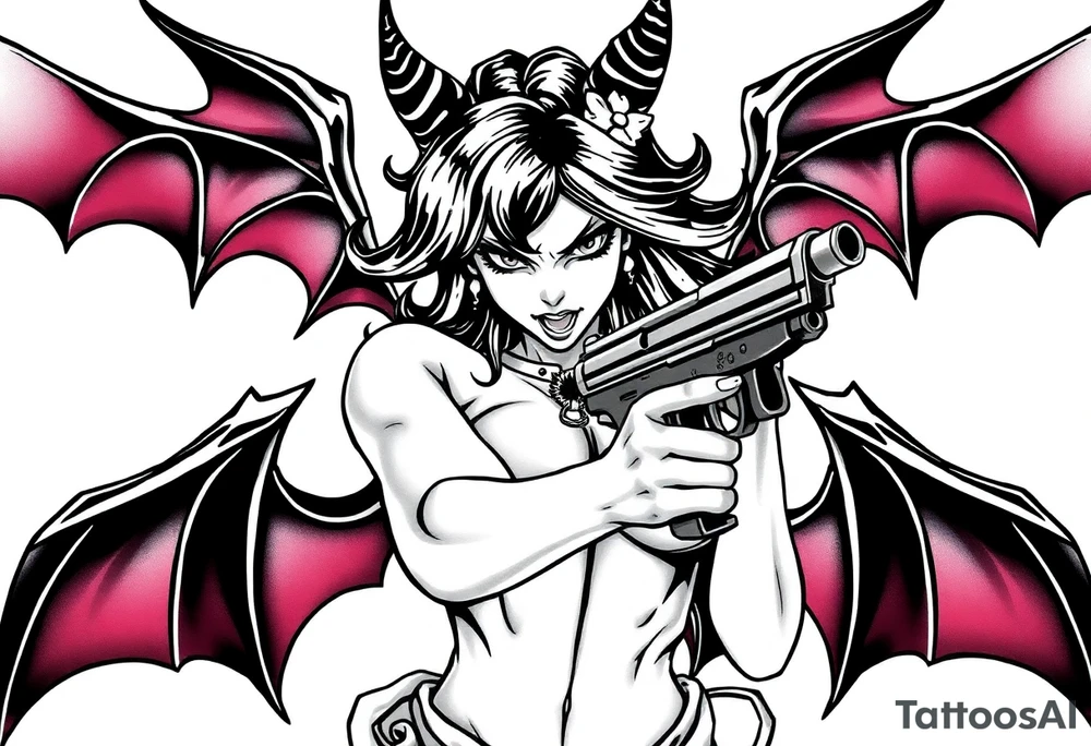 angry succubus holding gun, anime tattoo idea