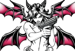 angry succubus holding gun, anime tattoo idea