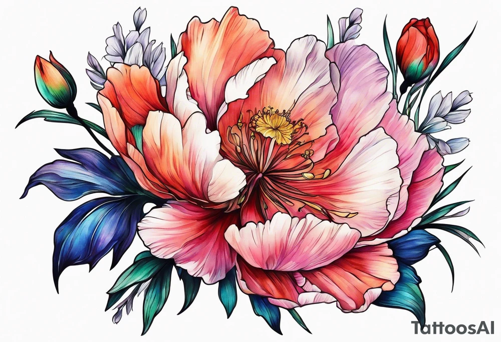 Peony iris cosmos poppy and gladiolus flowers tattoo idea