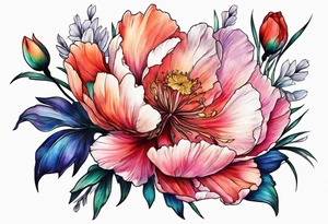 Peony iris cosmos poppy and gladiolus flowers tattoo idea