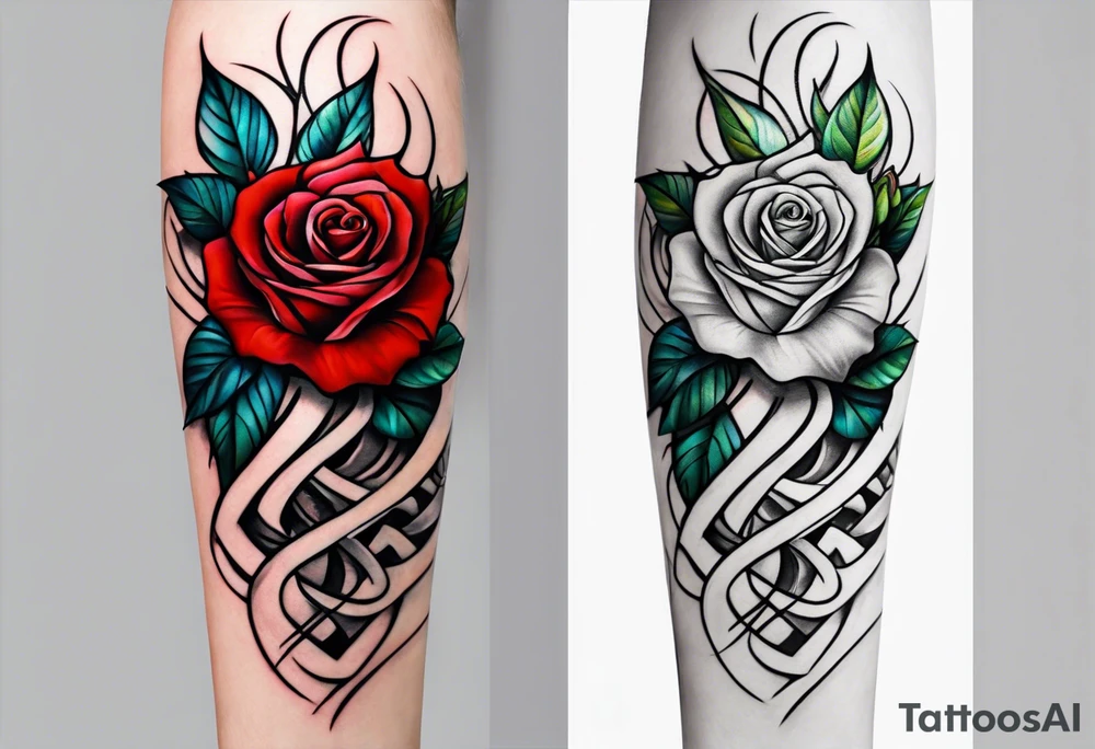 long vertical tattoo to cover my whole shin showing two separate rose stems wrapped around each other, one stem should have thorns and one should be thornless I want a long stem to shower them intertwined tattoo idea