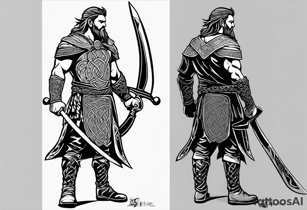 Full body side profile of
Celtic warrior with short hair, a sword in one hand and an axe in the other. tattoo idea