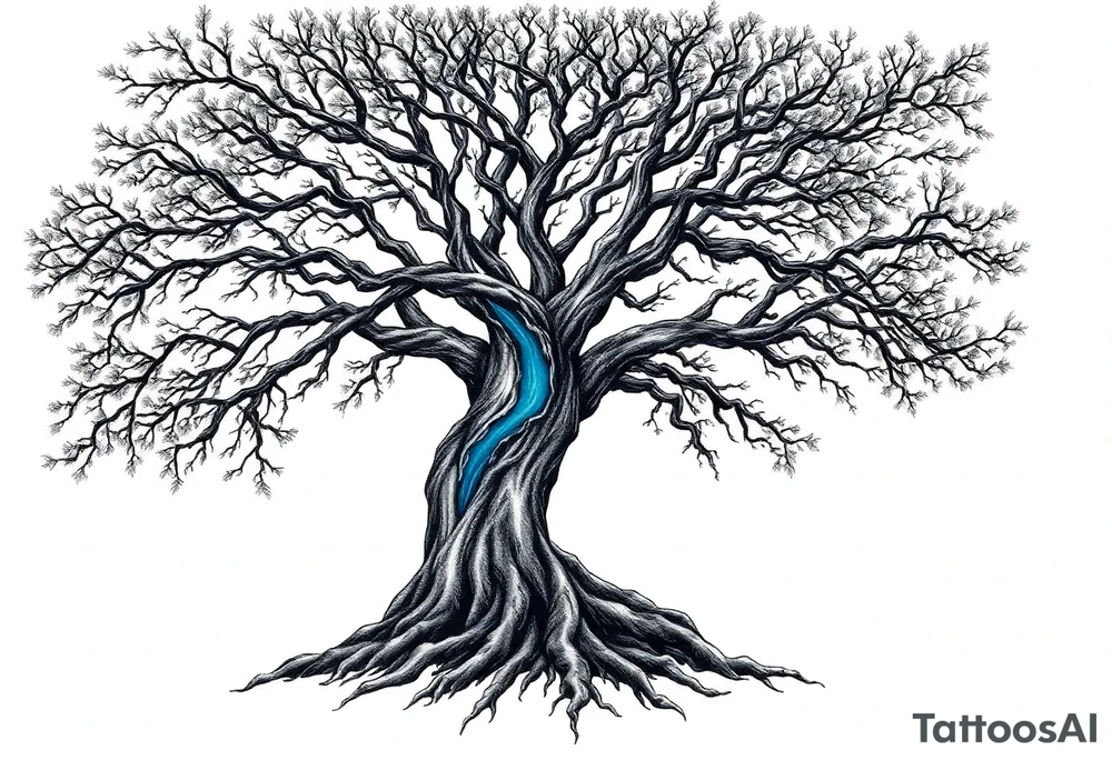 Black and white Tree with roots. Blue water inside the whole tree like many thin veins tattoo idea