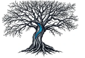 Black and white Tree with roots. Blue water inside the whole tree like many thin veins tattoo idea