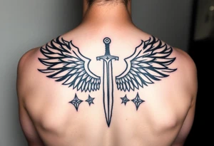 Wings wrapping up around surrounding a sword and diamond shaped stars tattoo idea