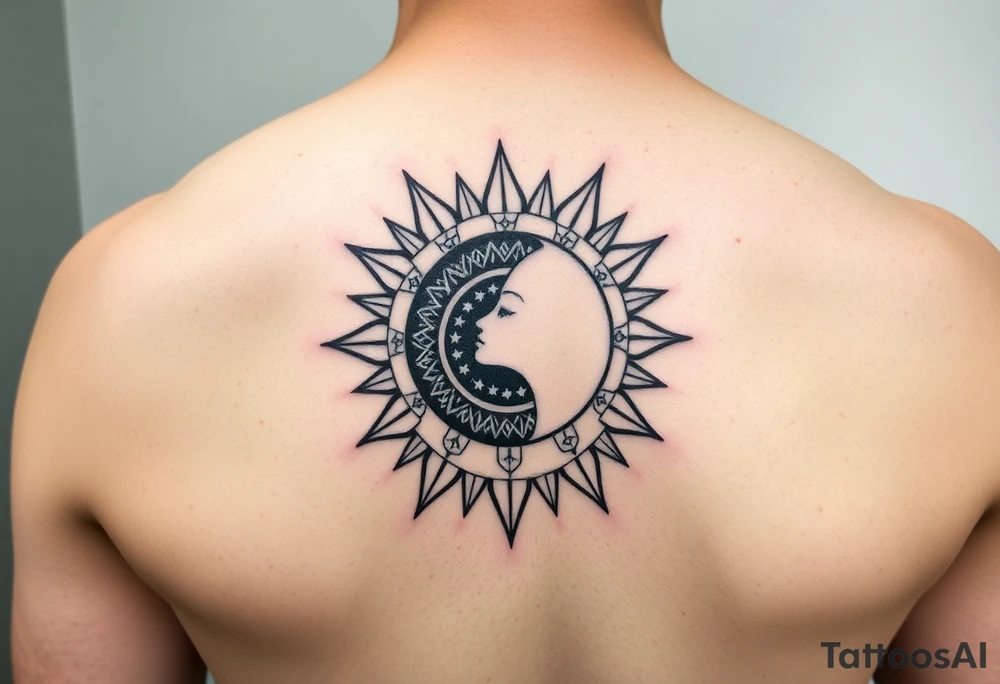 celestial sun and moon embrace with constellation patterns tattoo idea