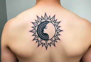 celestial sun and moon embrace with constellation patterns tattoo idea