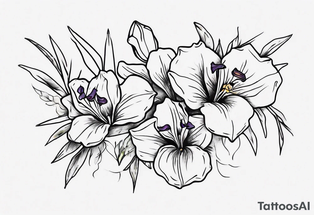 Create a small Vincent van Gogh art tattoo. The intended placement is on the upper chest. The overall design should be small in size while maintaining a delicate and artistic aesthetic. Pay attention to the graceful flow of the vines and the placement of the irises to achieve a refined and elegant look. tattoo idea
