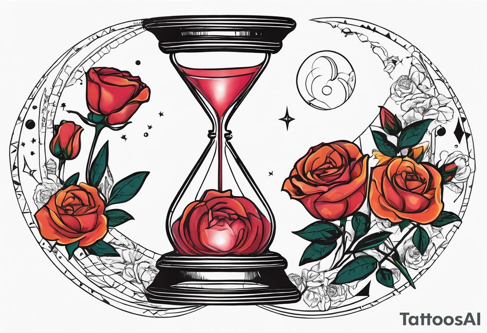 I want a design to print on t-shirts. The design is an hourglass with Amazigh numbers, and this watch is surrounded by planets and Ashulk roses. tattoo idea