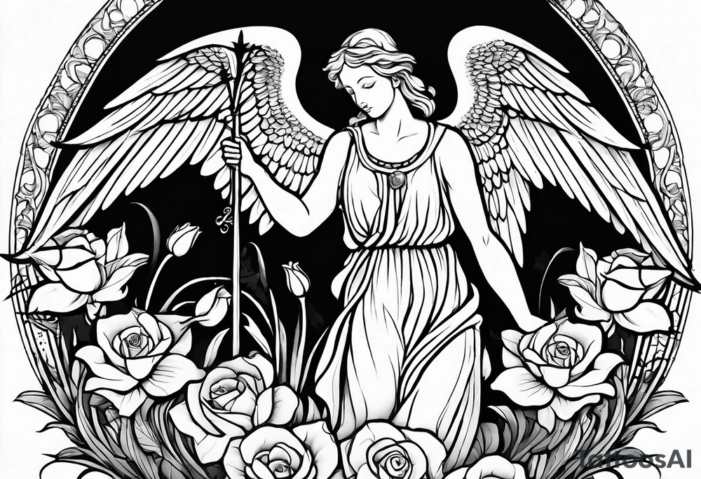 Simple Angel statue stood on a rock with daffodils and roses wrapped around its legs tattoo idea