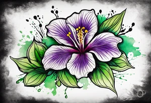 A mystical outline of a rio dipladenia flower with green/purple pedals and a green/purple watercolor splash in the background tattoo idea