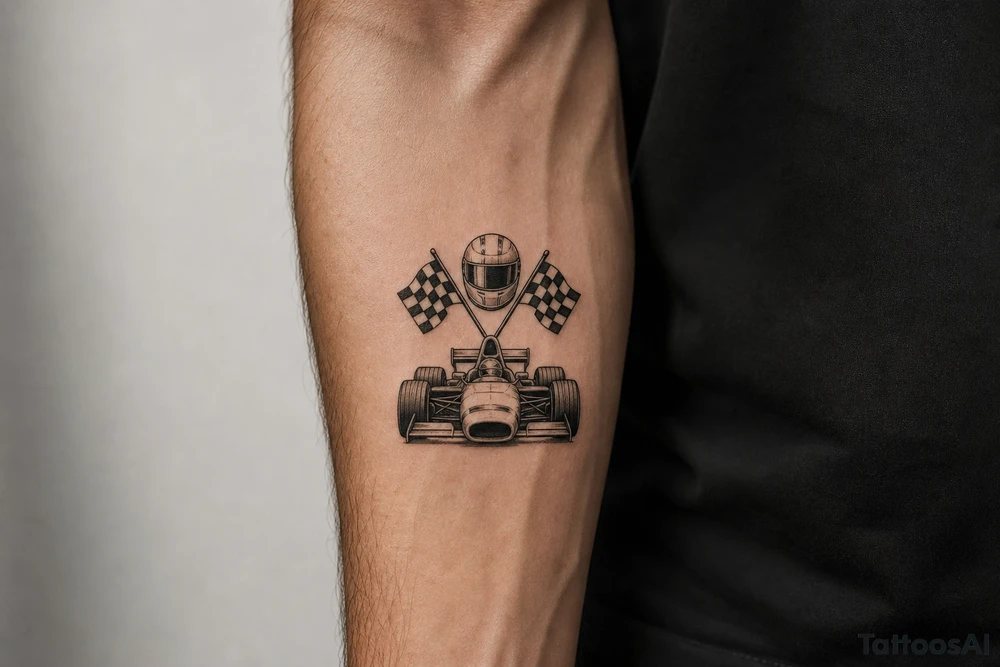A small, delicate blackwork tattoo design featuring motorsport elements . a sleek full-face racing helmet with a dark visor. classic checkered racing flags crossed at the poles. a front-angle view of a vintage open-wheel race car showing wide tires and front wing details. tattoo idea