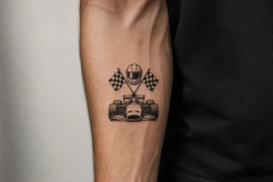 A small, delicate blackwork tattoo design featuring motorsport elements . a sleek full-face racing helmet with a dark visor.  classic checkered racing flags crossed at the poles. a front-angle view of a vintage open-wheel race car showing wide tires and front wing details. tattoo idea