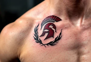 A bold red and burgundy "Sparta" with bold “S” crest wrapped in black flames on the forearm. tattoo idea