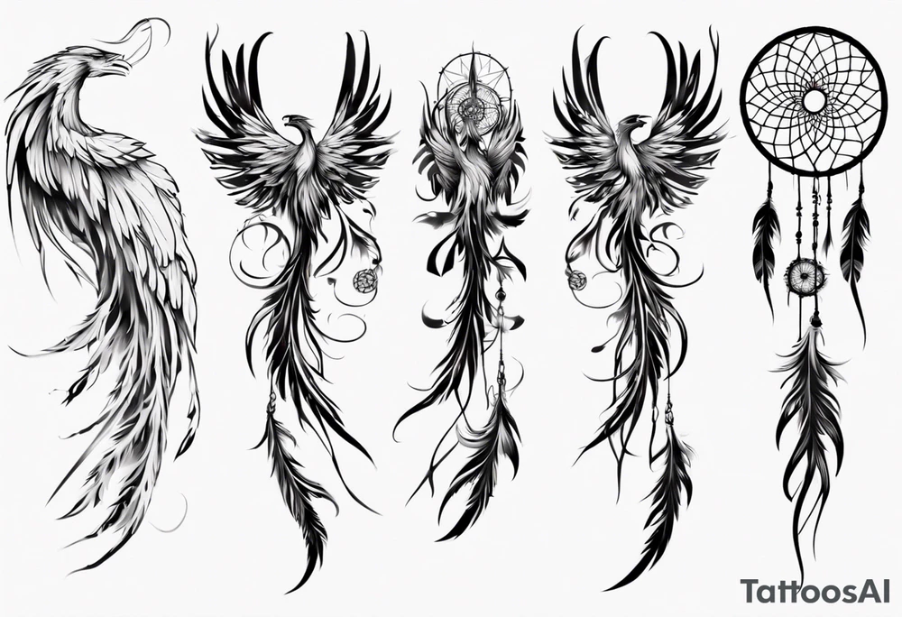 Vertical Phoenix with long abstract dream catcher tail tattoo idea Vertical Phoenix with long abstract dream catcher tail tattoo idea