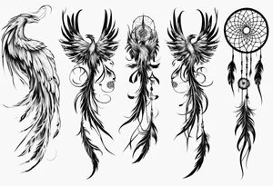 Vertical Phoenix with long abstract dream catcher tail tattoo idea