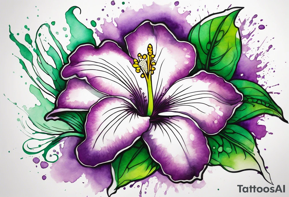 An outline of a rio dipladenia flower with green/purple pedals and a green/purple watercolor splash in the background tattoo idea