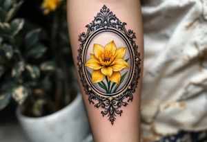 antique mirror with yellow narcissus in it tattoo idea