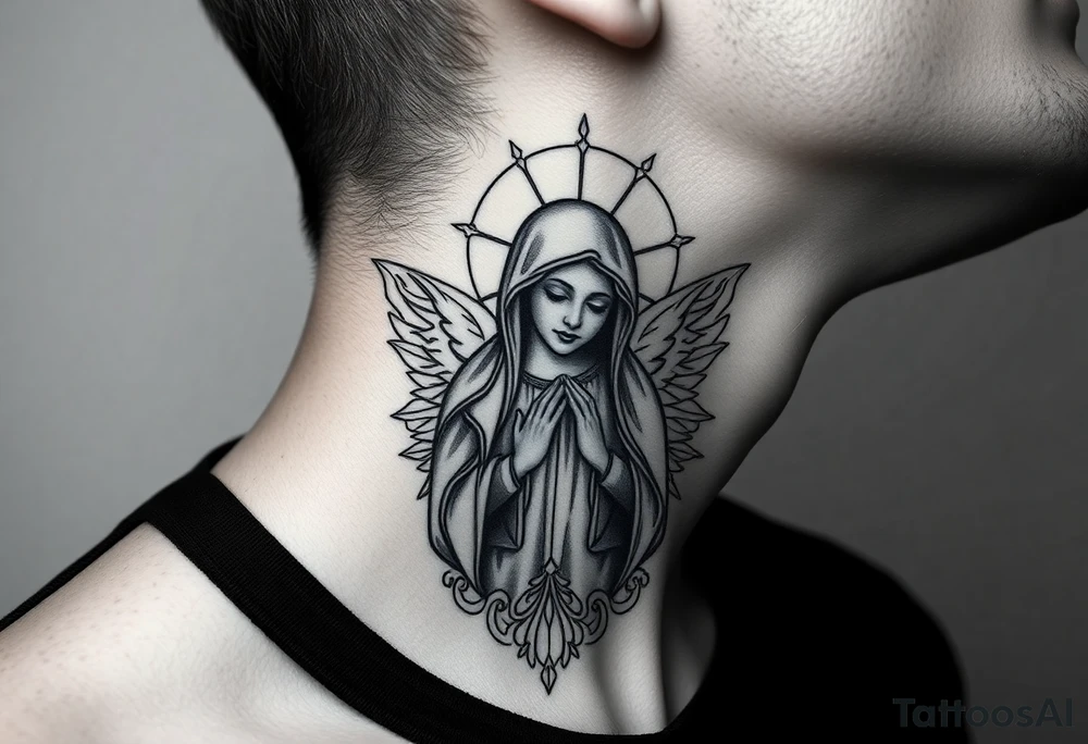 russian christian virgin mary neck design front facing tattoo idea