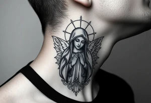 russian christian virgin mary neck design front facing tattoo idea