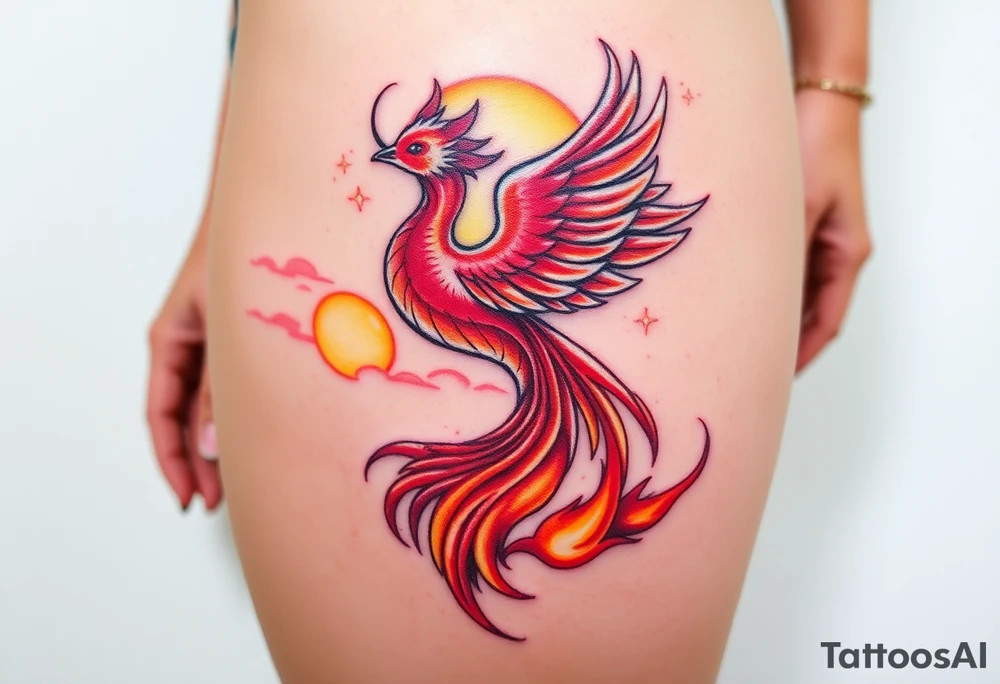 magnificent  phoenix rising from flames with trailing embers  and golden sunset and sky with puffy clouds and heaven backdrop pinks reds orange and yellows and golds with sparkles tattoo idea