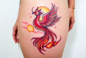 magnificent  phoenix rising from flames with trailing embers  and golden sunset and sky with puffy clouds and heaven backdrop pinks reds orange and yellows and golds with sparkles tattoo idea