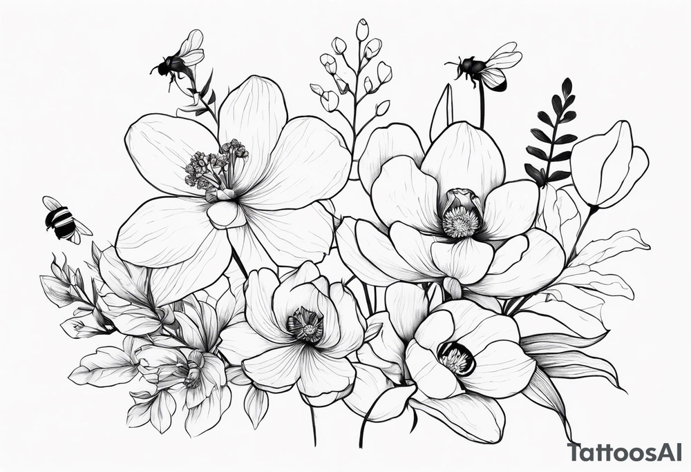 Orchids with wildflowers, poppy, complimentary flowers, bees, peony, forearm tattoo idea