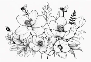 Orchids with wildflowers, poppy, complimentary flowers, bees, peony, forearm tattoo idea