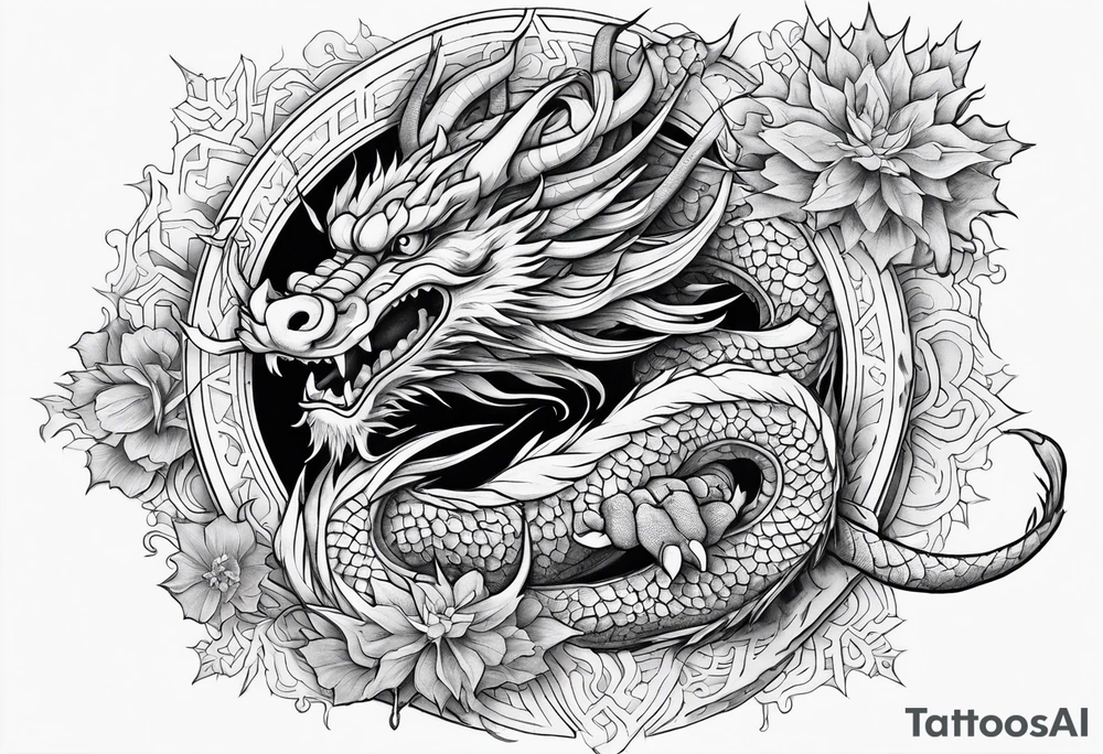 japanese dragon, celestial, cross, snowflake tattoo idea