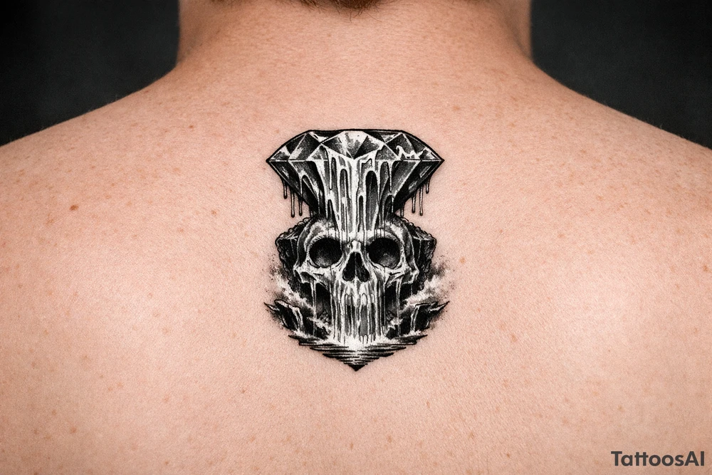 Diamond melting like a colorful waterfall running into a waterfall skull tattoo idea