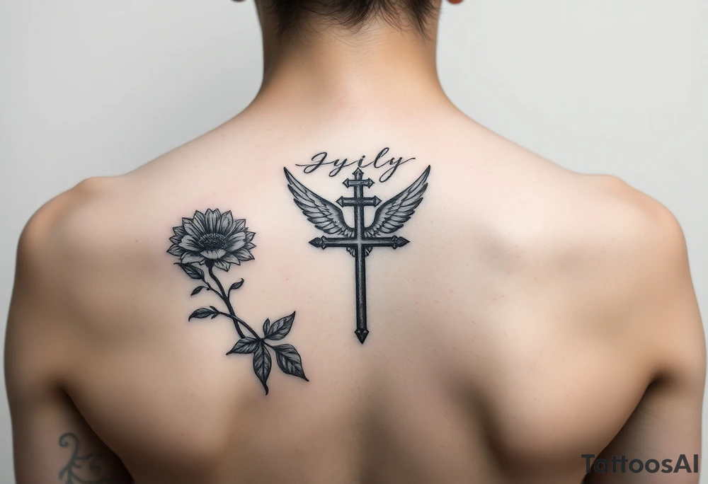 female spine tattoo, with the july birth flower, a mourning dove, something that symbolizes autism, a cross tattoo idea