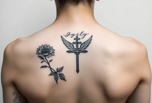 female spine tattoo, with the july birth flower, a mourning dove, something that symbolizes autism, a cross tattoo idea