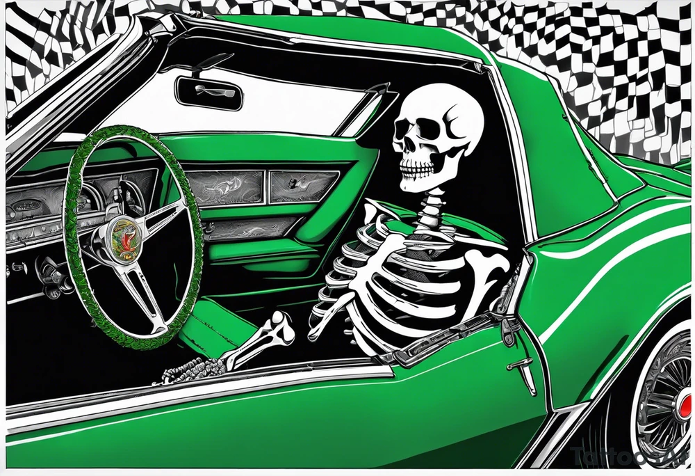 Skeleton smoking a cigarette driving a green 1976 convertible Corvette tattoo idea Skeleton smoking a cigarette driving a green 1976 convertible Corvette tattoo idea