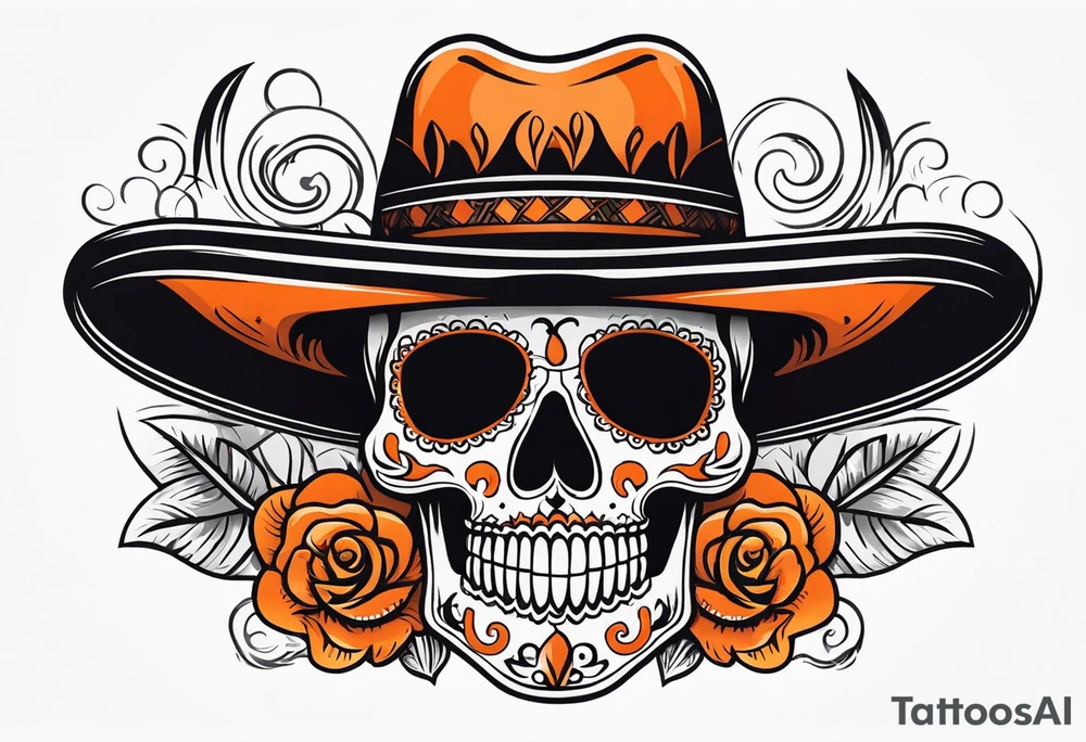 Mexican skull with sombrero with smoke coming out of the bottom orange and black tattoo idea